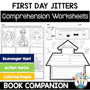 May include: Black and white printable worksheet for kids featuring a first day of school theme. The worksheet includes activities like describing scenes from a book, rating the first day of school, naming new friends, and writing about favorite activities. The worksheet also includes a scavenger hunt, action verbs, and coloring pages.