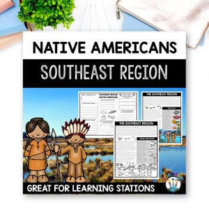Könnte beinhalten: Bildungsressource mit dem Titel NATIVE AMERICANS SOUTHEAST REGION, bestehend aus Arbeitsblättern mit Text und Illustrationen von Personen in traditioneller Kleidung, einem Speer und Lebensmitteln vor einer Sumpflandschaft mit Wasser.