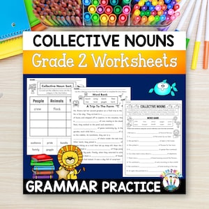 Może przedstawiać: Zestaw arkuszy edukacyjnych zatytułowanych Collective Nouns Grade 2 Worksheets Grammar Practice. Strony zawierają ćwiczenia dotyczące rzeczowników zbiorowych, w tym bank słów, tabelę sortowania oraz opowiadanie zatytułowane A Trip To The Farm.