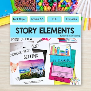 May include: A digital educational resource titled Story Elements by Heart 2 Heart Teaching for grades 2-5. The document features sections on point of view, plot, character traits, and setting, including a castle image and book-themed printables.