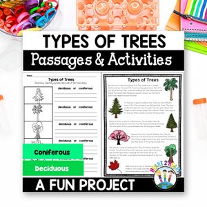 May include: A Types of Trees educational worksheet featuring passages and activities. The page includes black and white illustrations of various trees, text descriptions, and a matching exercise. The title reads Types of Trees Passages & Activities.