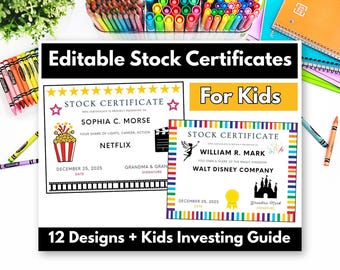 Plantilla editable de certificado de acciones para niños: actividad sobre inversiones y educación financiera.