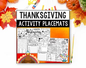 Thanksgiving Activity Placemats for Kids, Coloring Pages, Word Search and Maze Games