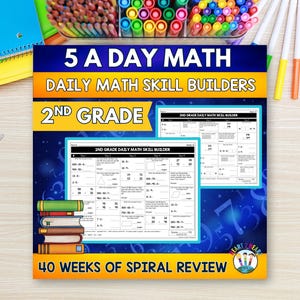 May include: A 5 A Day Math Daily Math Skill Builders 2nd Grade educational resource featuring 40 weeks of spiral review. The cover displays two math worksheet pages, a stack of five colorful books, and the Heart 2 Heart logo on a dark blue background.
