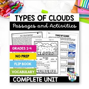 May include: Educational unit titled Types of Clouds Passages and Activities for grades 2-4. The document includes a cloud flip book, vocabulary exercises, and informational text about cloud formations with black and white illustrations and diagrams.