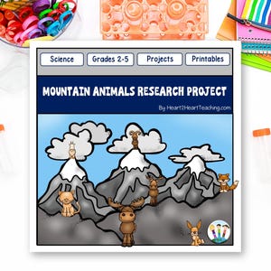 May include: A square educational document titled Mountain Animals Research Project by Heart2HeartTeaching.com, featuring a cartoon illustration of gray mountains with white snow caps, blue sky, clouds, and various animals including a moose and fox.
