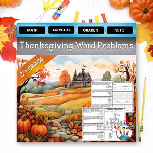 May include: A 3rd grade Thanksgiving word problems activity set featuring a cover with a landscape illustration of a house, trees, and pumpkins. The document includes math worksheets with multiplication problems and a crossword puzzle on a white background.