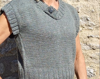 Ladies top, handknit grey green  sleeveless jumper, size 12-14