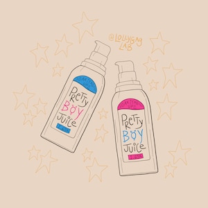 May include: Two clear plastic bottles with blue and pink labels that say "SOAK IT ALL UP!" and "PRETTY BOY JUICE 1.65%". The bottles are surrounded by yellow stars.