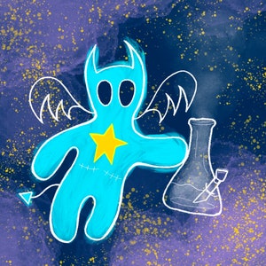 May include: A blue cartoon devil with wings and a yellow star on its chest, holding a glass bong with smoke coming out of it. The background is a dark blue with gold glitter.