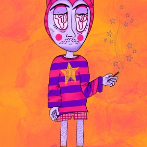 May include: A cartoon character wearing a pink and purple striped shirt with a yellow star, pink cat ears, and a pink and purple face with closed eyes. The character is holding a lit cigarette with a trail of stars behind it. The background is a bright orange with a cloudy texture.