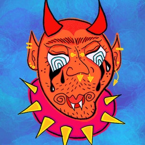 May include: A cartoon illustration of a red devil with horns, a spiked collar, and teardrop-shaped eyes. The devil is wearing gold earrings and has a pink collar with yellow spikes.