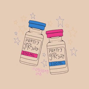 May include: Two small glass bottles with blue and pink lids. The bottles are labeled "Pretty Girl Juice" and contain 100 ml of liquid. The bottles are surrounded by yellow stars on a light brown background. The text "@lollygag lab" is written below the bottles.