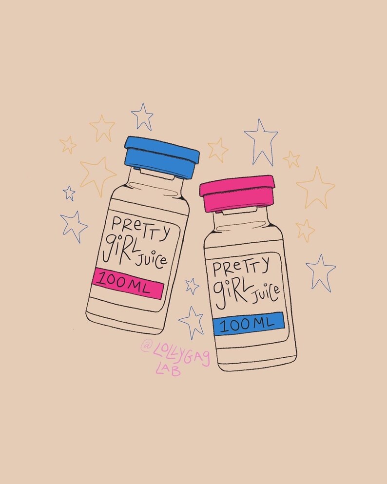 May include: Two small glass bottles with blue and pink lids. The bottles are labeled "Pretty Girl Juice" and contain 100 ml of liquid. The bottles are surrounded by yellow stars on a light brown background. The text "@lollygag lab" is written below the bottles.
