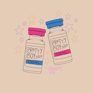 May include: Two small glass bottles with pink and blue lids. The bottles are labeled "PRETTY BOY Juice" and have a blue label with "100 ML" printed on them. The bottles are surrounded by orange and pink stars. The text "@LOLLYGAG LAB" is printed below the bottles.