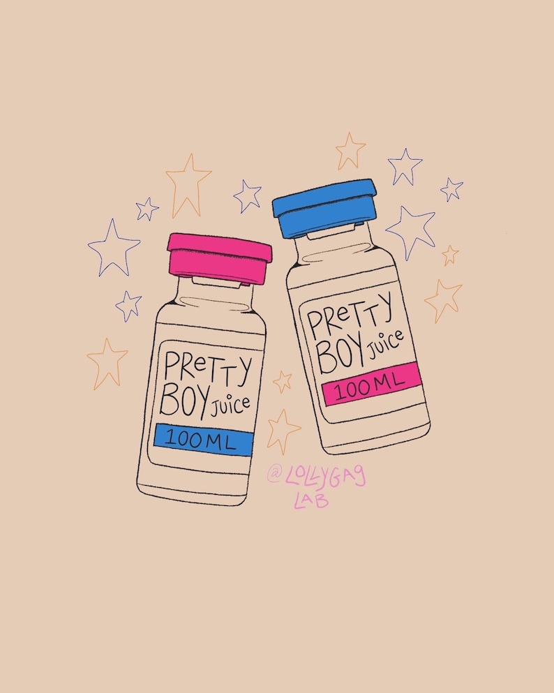 May include: Two small glass bottles with pink and blue lids. The bottles are labeled "PRETTY BOY Juice" and have a blue label with "100 ML" printed on them. The bottles are surrounded by orange and pink stars. The text "@LOLLYGAG LAB" is printed below the bottles.
