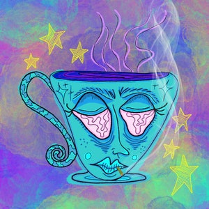 May include: A blue teacup with a face and closed eyes, smoking a cigarette. The teacup is surrounded by yellow stars on a purple and blue background.