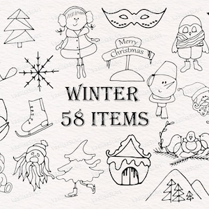 Winter Pack, Winter Clipart SVG PNG EPS, Hand drawn Doodles, Winter Line Art, Merry Christmas, Santa Claus, Chalkboard Art, Commercial use