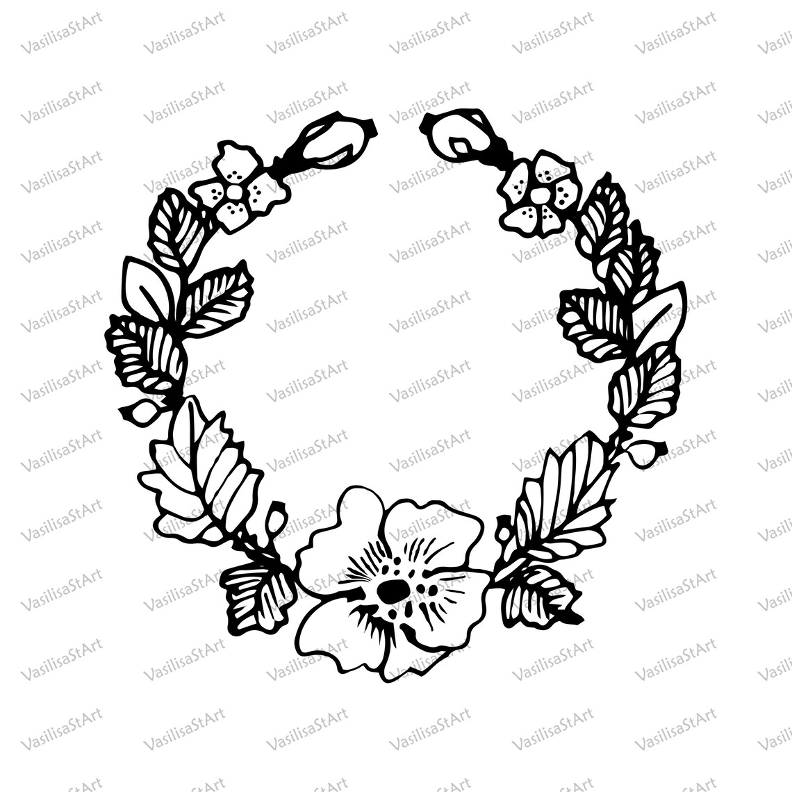 Black Wreath Black Outline Flowers Hand drawn Wreath | Etsy