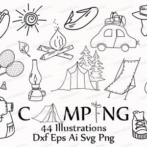 Camping Clipart, Travel digital stamp, Camping Doodles, Camping Party, Vacation Trip, Hand-Drawn Clipart, Hiking Line Art, Coloring Sketch