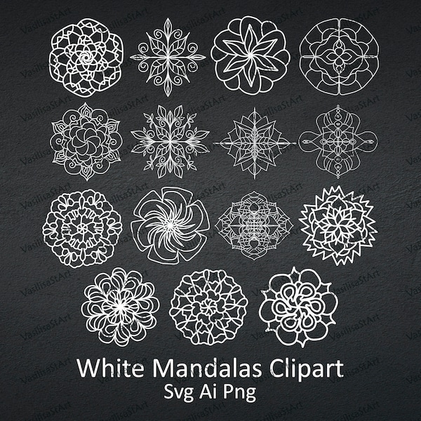 White Mandalas Clipart, Geometric Clipart, Floral Mandalas, Digital Graphics, Mandala Svg Cut, Circle Mandala, Meditation tool, Commercial