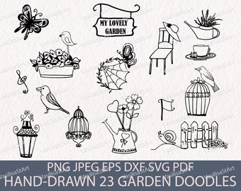 23 Garden doodles bundle, Vector pack, Floral Clipart, Yard Stickers, Country house Clipart, Nature Clipart, Birds, Hand drawn, Line art