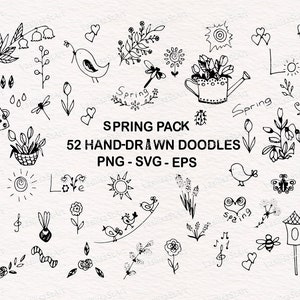 52 Spring doodles Vector Pack, Svg Doodles, Black and White Clipart, Hand Drawn Doodle Clipart, Sketch, Drawing, Vector, EPS, PDF, PNG file