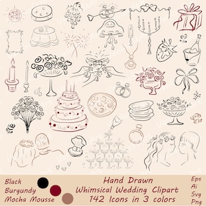 Whimsical Wedding Doodles, Hand drawn Wedding Clipart, Wedding Illustrations, Icons for Invitations, Dinner menu, Templates, Bridal Invites