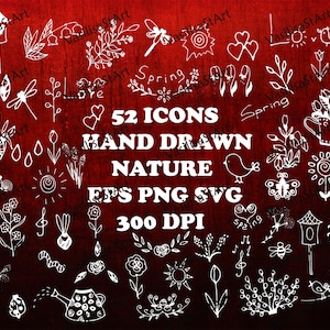 52 Nature Icons Clipart, Svg Elements, Chalkboard Clipart, Hand Drawn Doodle Clipart, Sketch, Drawing, Vector Set, EPS, PNG file