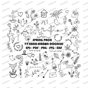 77 Spring doodles Vector Pack, Svg Doodles, Black and White Clipart, Hand Drawn Doodle Clipart, Sketch, Drawing, Vector, EPS, PDF, PNG file