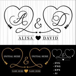 May include: A black and white graphic design featuring two heart-shaped outlines formed by arrows, enclosing the initials A and D in a script font. Below, the names ALISA and DAVID are separated by a solid black heart icon and horizontal lines.