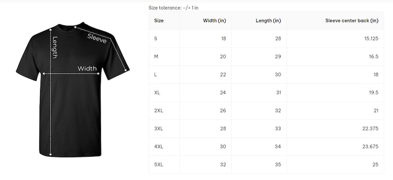 May include: A size chart for a t-shirt with measurements in inches for width, length, and sleeve center back. The chart shows sizes from S to 5XL.