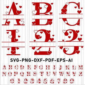 May include: A digital graphic set featuring red split-letter alphabet characters and numbers decorated with small heart shapes. The collection includes file formats labeled as SVG-PNG-DXF-PDF-EPS-AI, displaying letters A through Z and numbers 0 through 9.