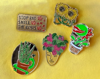 Conjunto de pins de plantas personalizados: Planta serpiente, Girasol, Rosas