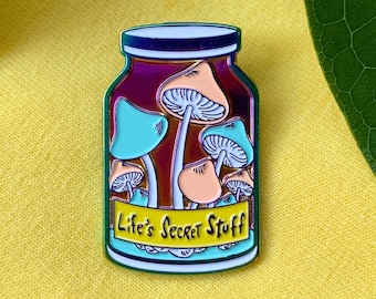 Rainbow Mushroom Jar Enamel Pin - Acabado iridiscente de 1.25 " - Cosas secretas de la vida - Hongos psicodélicos