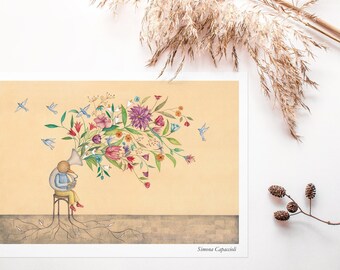 Little Bird Playing Horn Illustration, The Colors Of Music Print, Songbird Art Print, Bird Art, Animal and Flowers Drawing, Nursery Wall Art