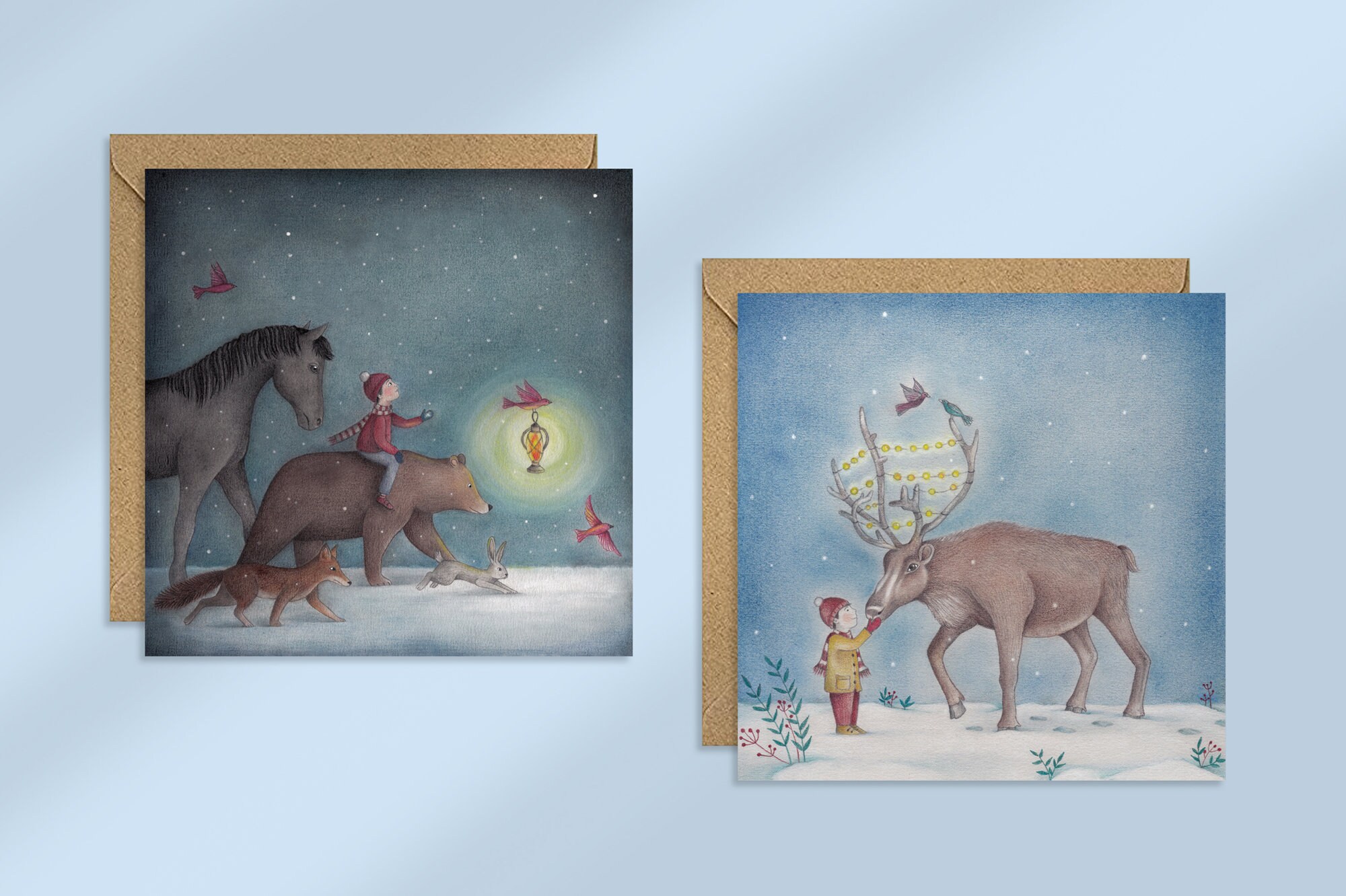 woodland greeting cards handmade cards illustrated greeting card holiday card winter card set animal cards Set of 2 christmas cards