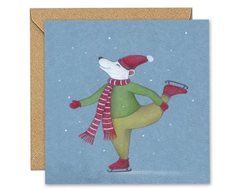 Polar Bear Greeting Card, Ice Skating Polar Bear, Animal Illustration, Winter Card for Kids, Animal Greeting Card, Animal Christmas Card