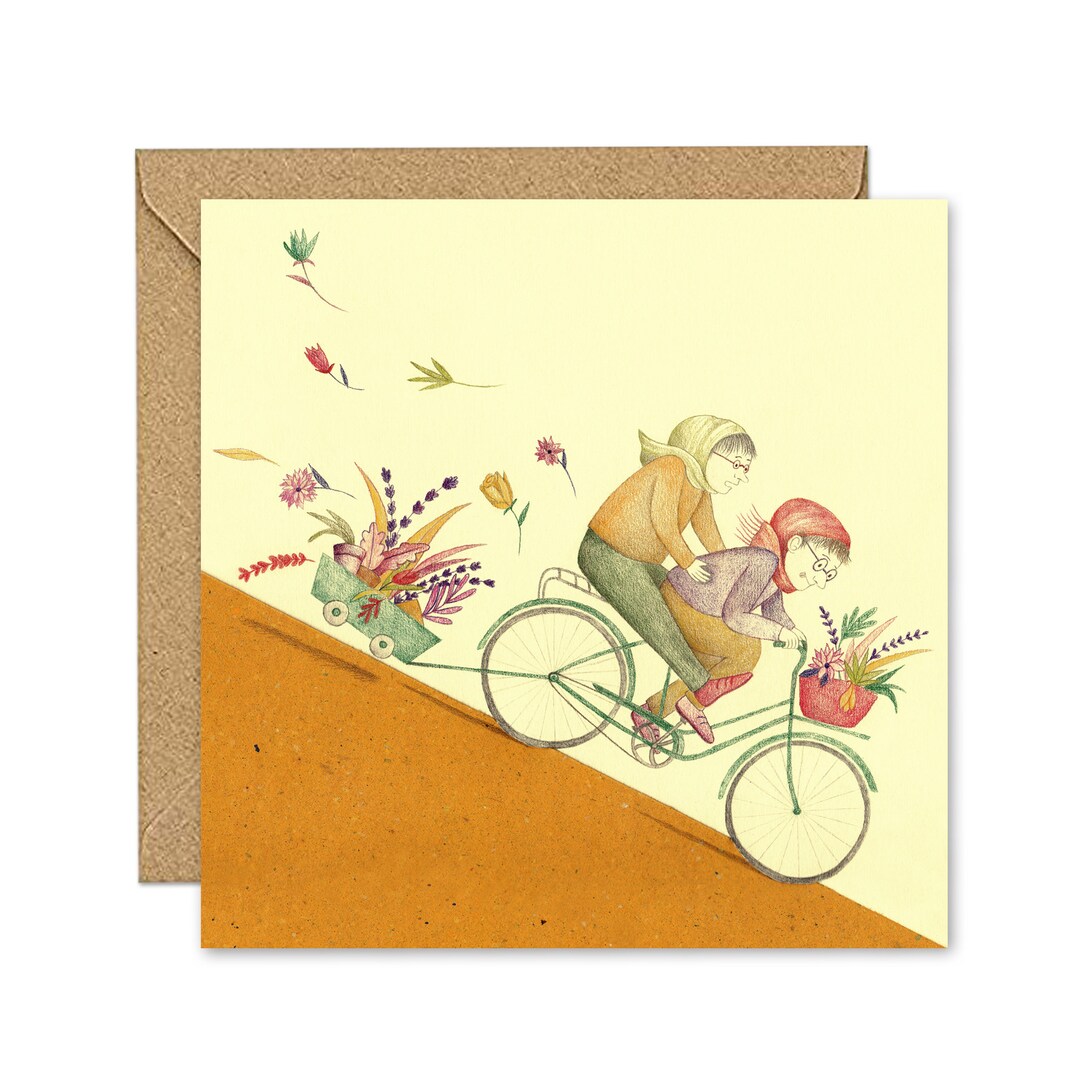 Illustrated Greeting Card With Two Old Ladies Riding a Bike - Etsy