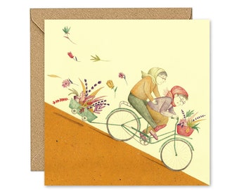 Illustrated greeting card with two old ladies riding a bike, funny best friend birthday card, handmade card, illustration colored pencils