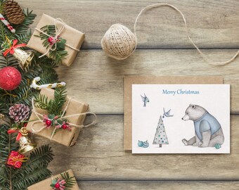 Christmas card, bear greeting card, animal card, illustrated greeting card, holiday card, merry christmas card, seasons greetings cards