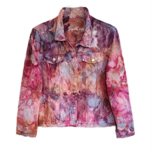 Veste en denim teintée à la main pour femme, veste en denim tie-dye - Liquid Flamingo Garden