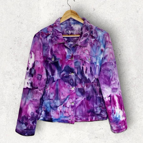 Veste en jean violette teinte à la main pour femme, veste en jean tie-dye - hortensia liquide