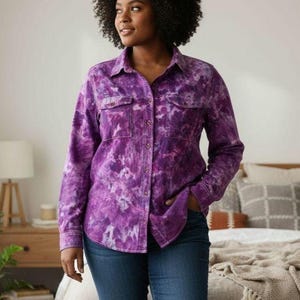 Tie Dye Denim Button-Down Shirt: Liquid Lavender Cotton Blouse