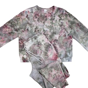 Hand Dyed Women&#39;s Crewneck Sweatshirt,  Tie Dye Crewneck Sweatshirt and matching Tie Dye Joggers- Liquid Rose Garden