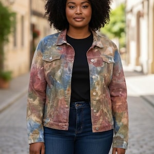 Könnte beinhalten: Eine langärmelige Jeansjacke mit einem mehrfarbigen Batikmuster in gedeckten Blau-, Altrosa- und Olivgrüntönen. Die Jacke verfügt über einen klassischen Kragen, silberfarbene Metallknöpfe auf der Vorderseite und zwei Brusttaschen mit Klappen.