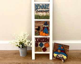 Fall Scarecrow Interchangeable Leaning Ladder TILES ONLY, Farmhouse Fall Decor, Scarecrow Tiered Tray, Scarecrow on Duty, Seasonal Decor