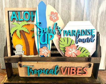 Tropical Vibes Interchangeable Wagon/Bench Shelf Sitter Insert ONLY, Hawaiian Theme Tier Tray, Coastal Beach House Mantle Decor, Summer Surf