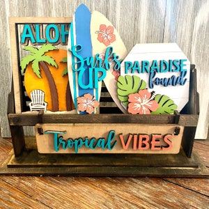 Tropical Vibes Interchangeable Wagon/Bench Shelf Sitter Insert ONLY, Hawaiian Theme Tier Tray, Coastal Beach House Mantle Decor, Summer Surf