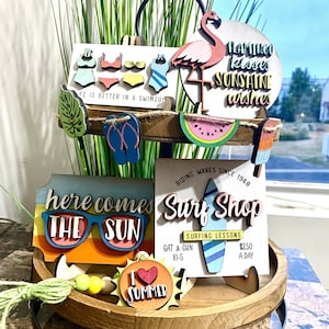 Beachy Summer Tiered Tray Decor | Tropical Farmhouse Tiered Tray | Ocean Beach Themed Decor | Flamingo Tray Decor | 3D Laser Engraved Signs